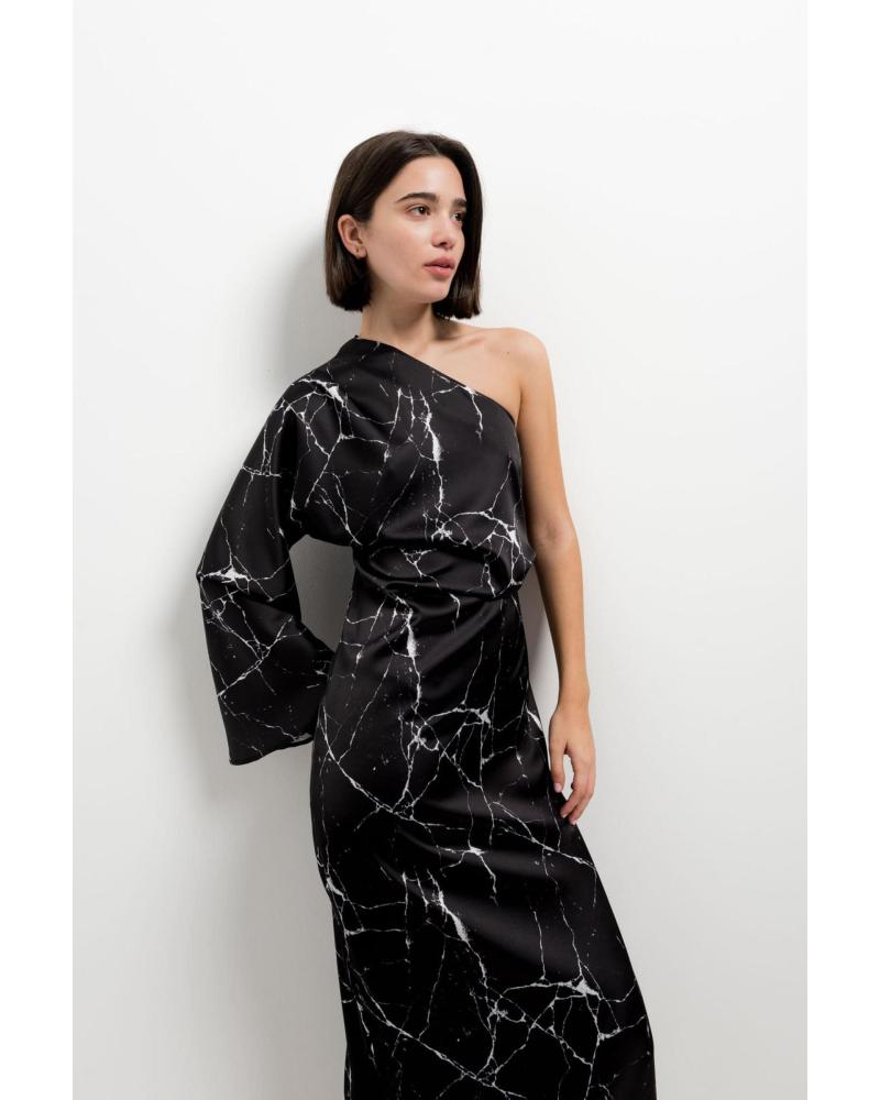 PUNTOSALAO VESTIDO MIDI ASIMETRICO SATINADO PARA MUJER DISENO ESTAMPADO NEGRO