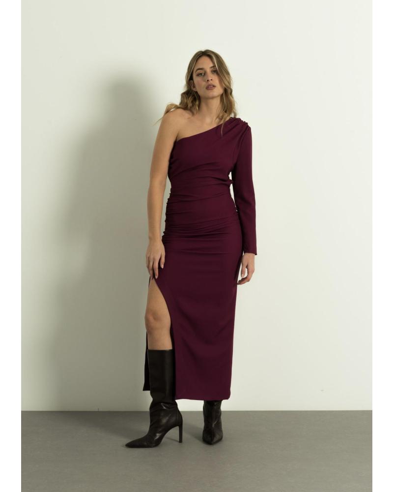 PUNTOSALAO VESTIDO LARGO MIDI ASIMETRICO PARA MUJER CON MANGA LARGA MORADO