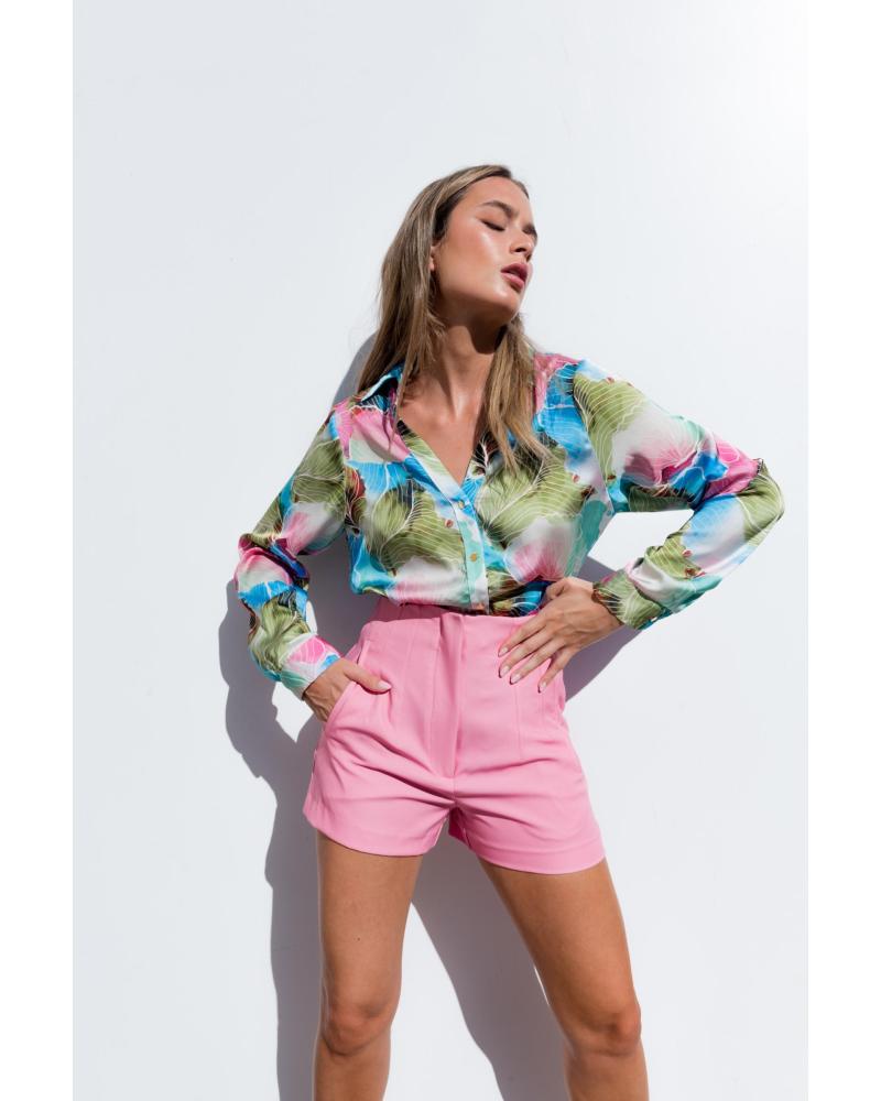 PUNTOSALAO CAMISA SATINADA ESTAMPADA PARA MUJER DE CUELLO SOLAPA ROSA