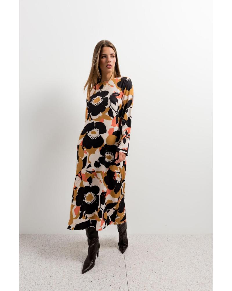 PUNTOSALAO FLORAL LONG SLEEVE MIDI DRESS - GOLD VARIOS COLORES