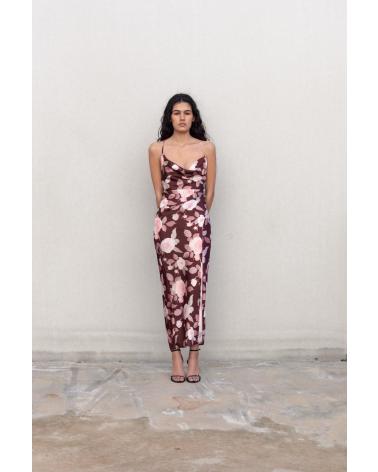 VESTIDO LONGO PUNTOSALAO ACETINADO COM ESTAMPA FLORAL, FENDA LATERAL (TURQUESA) TURQUESA