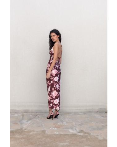 VESTIDO LONGO PUNTOSALAO ACETINADO COM ESTAMPA FLORAL, FENDA LATERAL (TURQUESA) TURQUESA