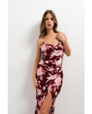VESTIDO LONGO PUNTOSALAO ACETINADO COM ESTAMPA FLORAL, FENDA LATERAL (TURQUESA) TURQUESA