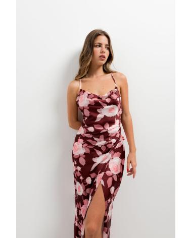 VESTIDO LONGO PUNTOSALAO ACETINADO COM ESTAMPA FLORAL, FENDA LATERAL (TURQUESA) TURQUESA