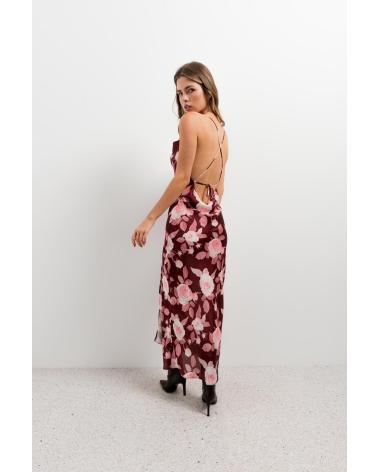 VESTIDO LONGO PUNTOSALAO ACETINADO COM ESTAMPA FLORAL, FENDA LATERAL (TURQUESA) TURQUESA