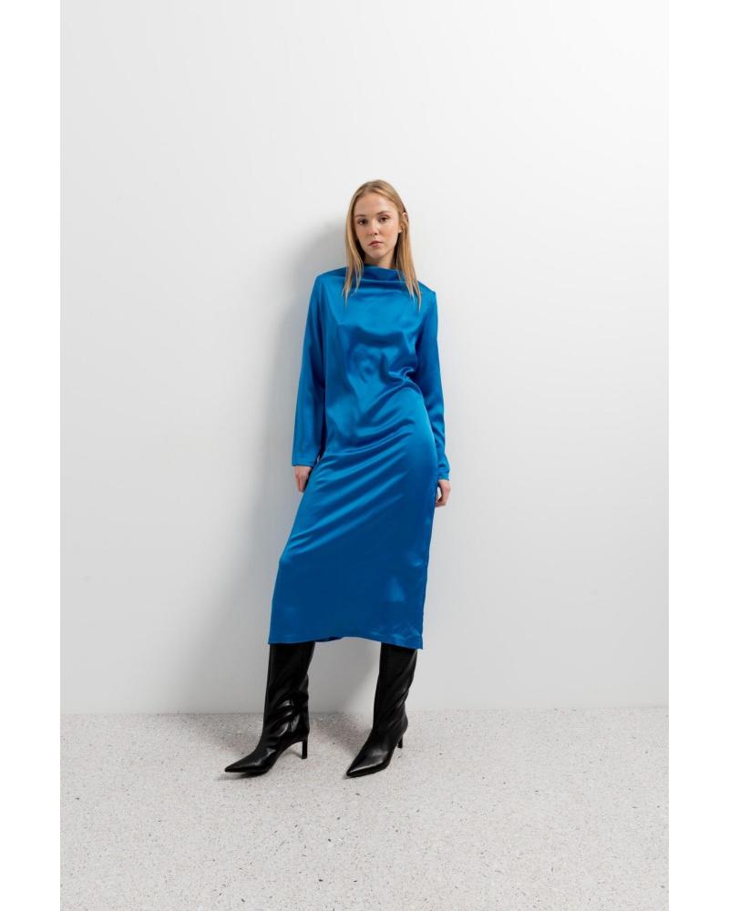 PUNTOSALAO VESTIDO MIDI SATINADO EN COLOR CON MAGA LARGA PARA MUJE AZUL