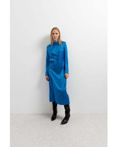 PUNTOSALAO VESTIDO MIDI SATINADO EN COLOR CON MAGA LARGA PARA MUJE AZUL