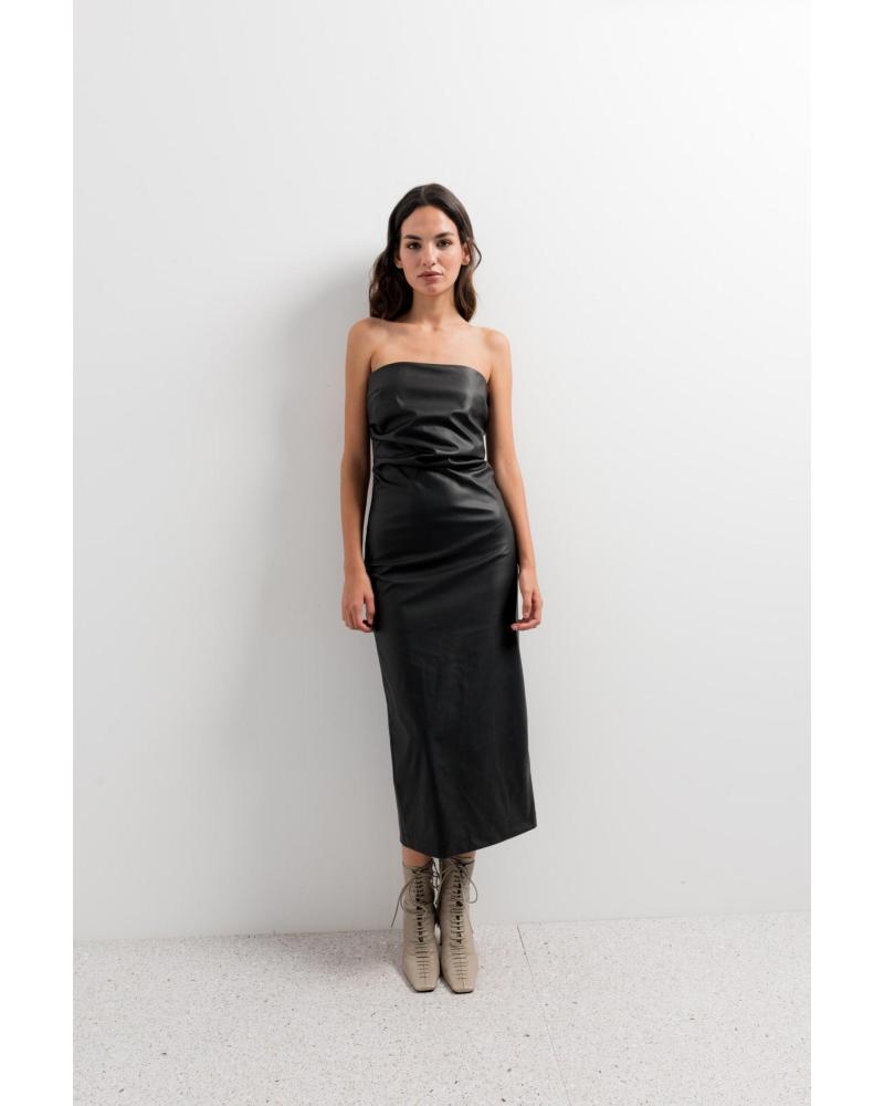 PUNTOSALAO VESTIDO MIDI EFEITO COURO PRETO SEM ALÇAS NEGRO