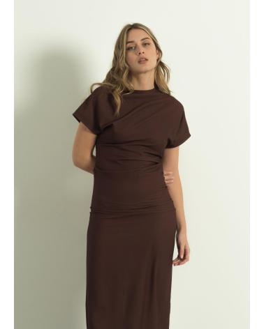 PUNTOSALAO VESTIDO MIDI LARGO CASUAL DRAPEADO MARRON PARA MUJER MARRóN