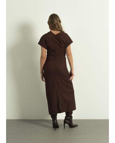 PUNTOSALAO VESTIDO MIDI LARGO CASUAL DRAPEADO MARRON PARA MUJER MARRóN