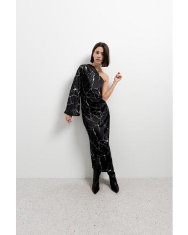 PUNTOSALAO VESTIDO MIDI ASIMETRICO SATINADO PARA MUJER DISENO ESTAMPADO NEGRO