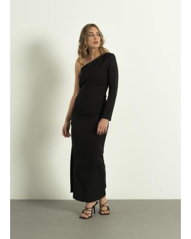 PUNTOSALAO VESTIDO LARGO MIDI ASIMETRICO PARA MUJER CON MANGA LARGA NEGRO