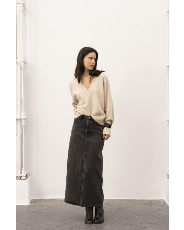 GONNA MIDI LUNGA IN DENIM NERO CON SPACCO PUNTOSALAO NEGRO