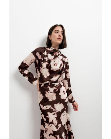 PUNTOSALAO FALDA LARGA ESTAMPADA FLORAL TEJIDO FLUIDO PARA MUJER MARRóN