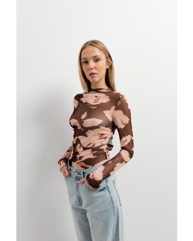 PUNTOSALAO CAMISETA DE TUL ESTAMPADO Y DRAPEADA PARA MUJER MANGA LARGA MARRóN