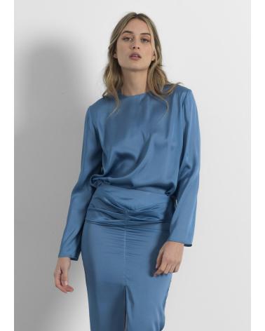 PUNTOSALAO CAMISA SATINADA DE MANGA LARGA Y CUELLO REDONDO, AZUL AZUL
