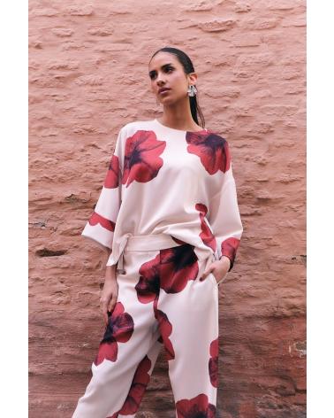 BLUSA MANGA LARGA PUNTOSALAO ESTAMPADO FLORAL BEIGE Y ROJO BEIGE