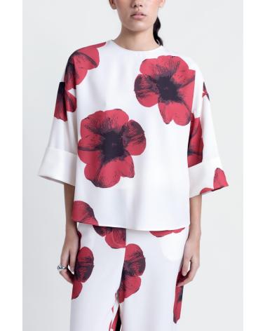 BLUSA MANGA LARGA PUNTOSALAO ESTAMPADO FLORAL BEIGE Y ROJO BEIGE