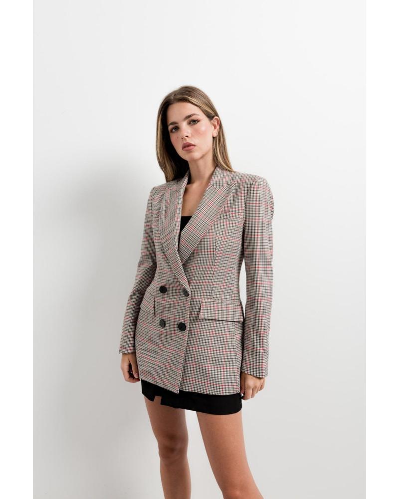 PUNTOSALAO DOUBLE-BREASTED BLAZER WITH BUTTONS AND PLAID DESIGN LONG SLEEVE MARRóN
