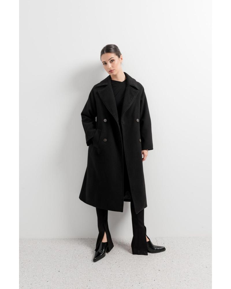 PUNTOSALAO LANGER ZWEIREIHER-MANTEL MIT REVERS SCHWARZ NEGRO