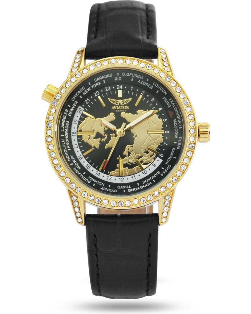 MONTRE-BRACELET AVIATOR AVW8633L03 DORÉE AVEC CADRAN CARTE DU MONDE ET BRACELET NOIR NEGRO