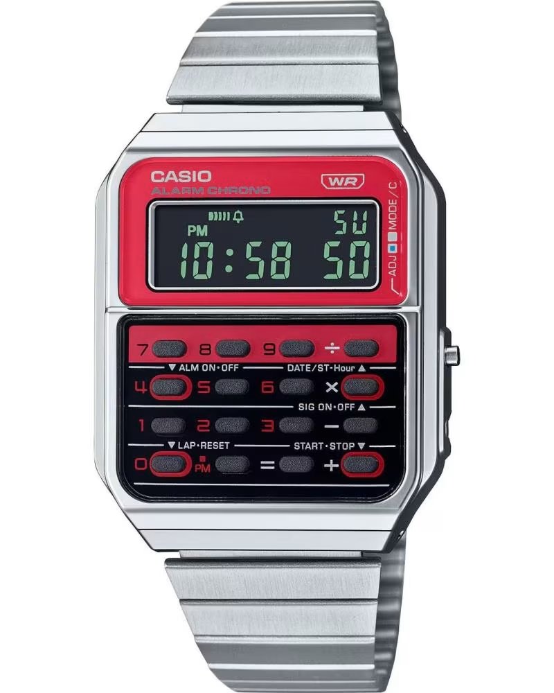 Inizio-CASIO-OROLOGIO CASIO CA-500WE-4BEF DIGITALE VINTAGE CON CALCOLATRICE E DETTAGLI ROSSI-GRIS