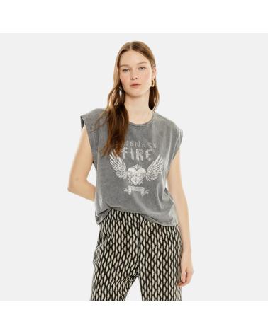 SYSTEM ACTION GREY SHORT SLEEVE T-SHIRT WITH STRUCTURED SHOULDERS AND GRAPHIC PRINT NAN