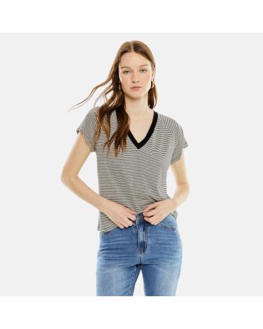 SYSTEM ACTION STRIPED SHORT SLEEVE T-SHIRT WITH V-NECK AND BLACK TRIM NAN