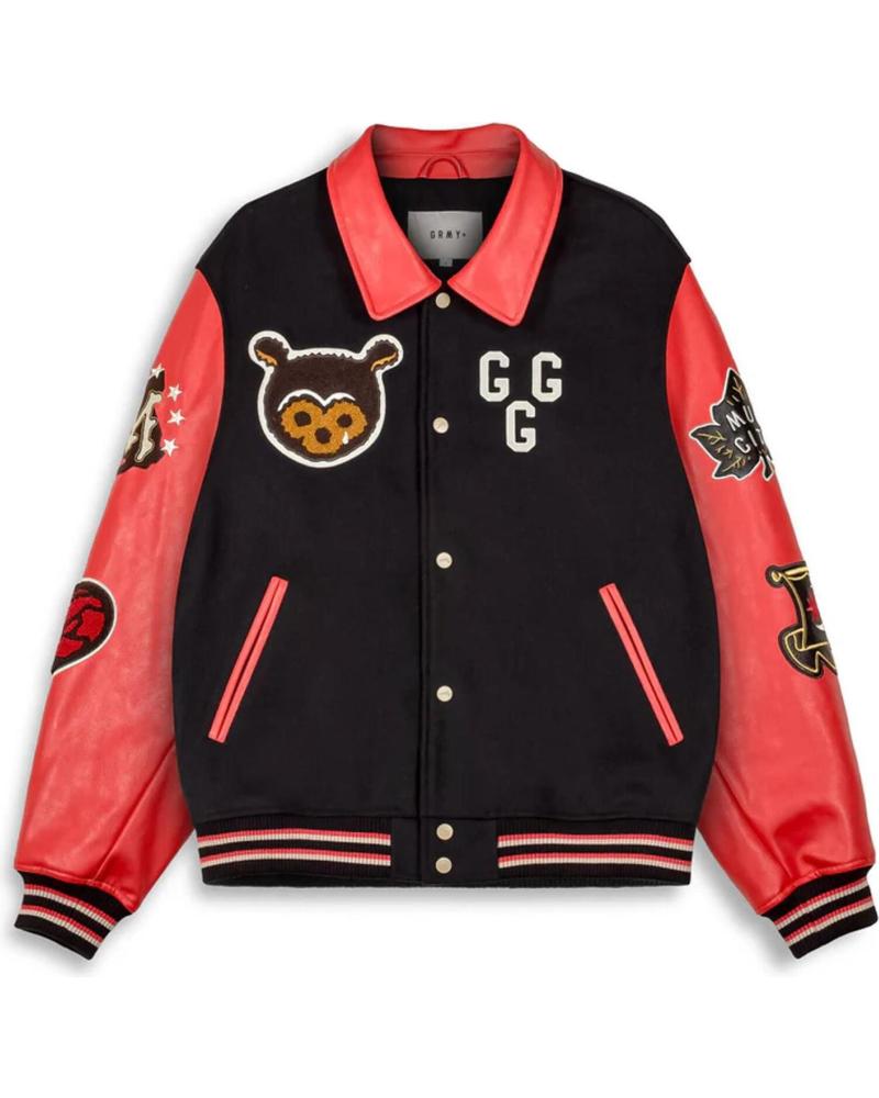 CASACO BOMBER VARSITY GRIMEY PRETO E VERMELHO COM EMBLEMAS BORDADOS BLACK