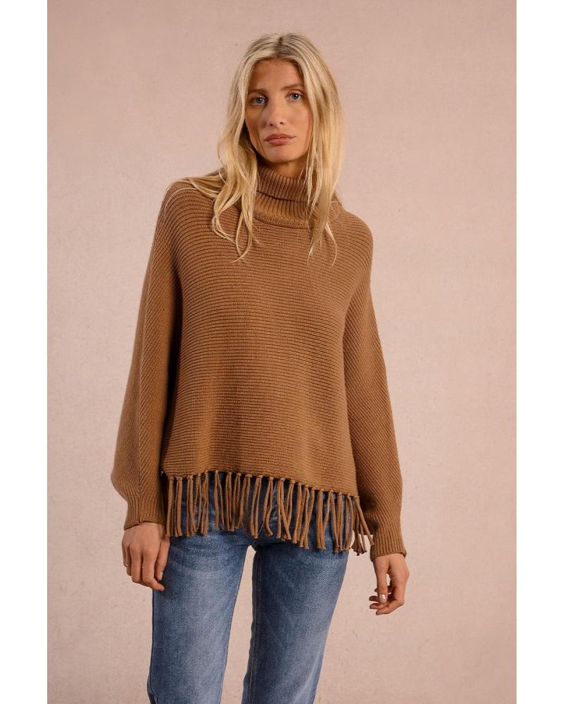 MOLLY BRACKEN T2115DN BROWN SWEATER WITH FRINGE DETAIL MARRóN
