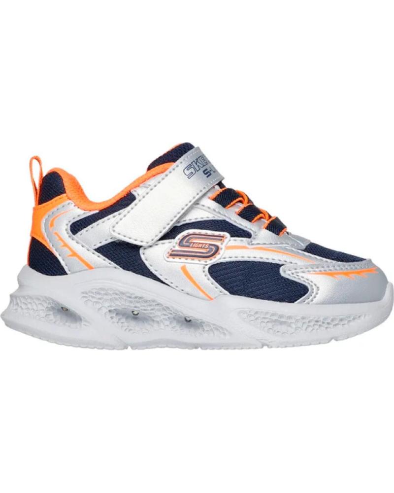 SKECHERS 401497L - ARGENT AVEC DÉTAILS ORANGES, SEMELLE LUMINEUSE ET FERMETURE ADHÉRENTE PLATEADO