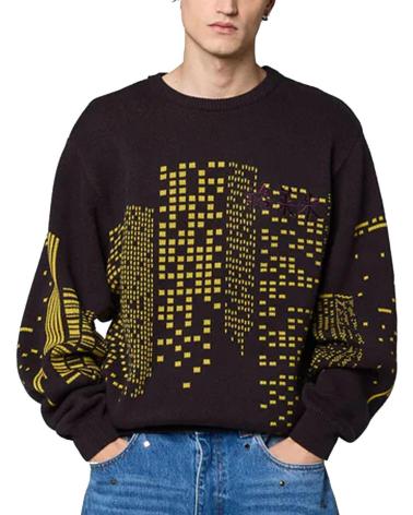 GRIMEY ROYAL PAW KNIT SWEATSHIRT WITH CITY LIGHTS PRINT BLACK BLACK