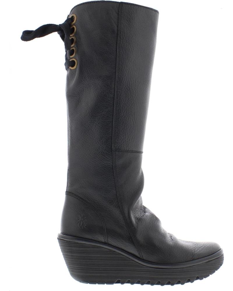 BOTA DE CUNHA ALTA FLY LONDON YUST EM PELE PRETA NEGRO