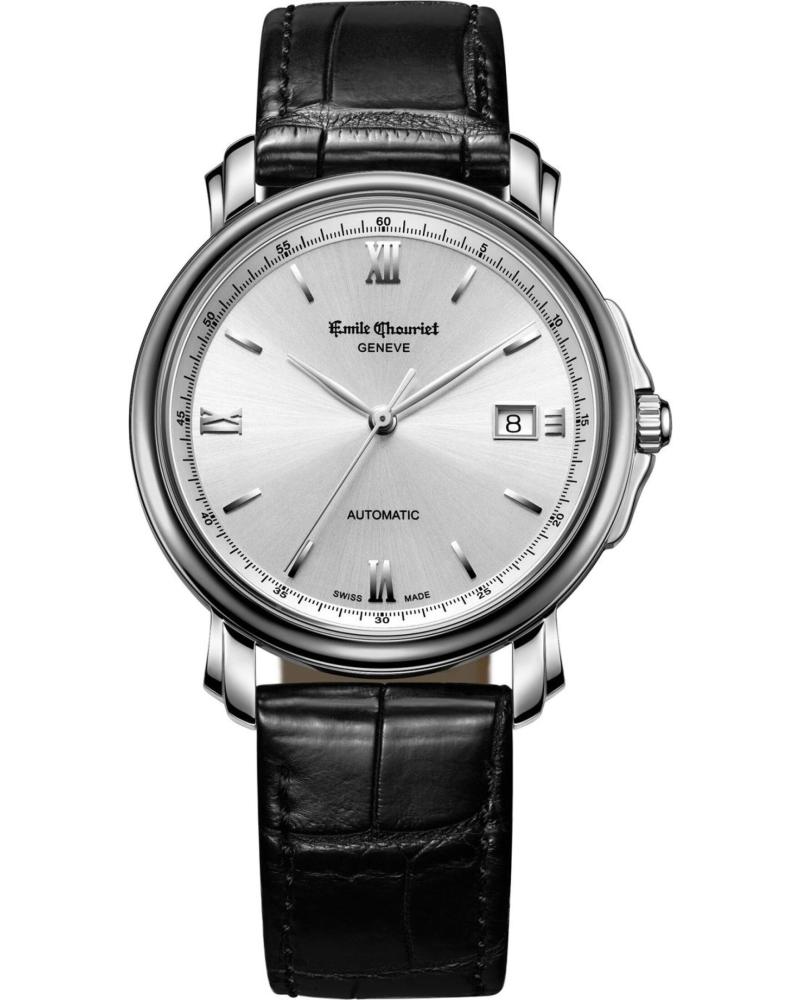 AUTOMATIKUHR EMILE CHOURIET 08.1168.G39.6.8.28.2 MIT SILBERNEM ZIFFERBLATT UND SCHWARZEM LEDERARMBAND NEGRO