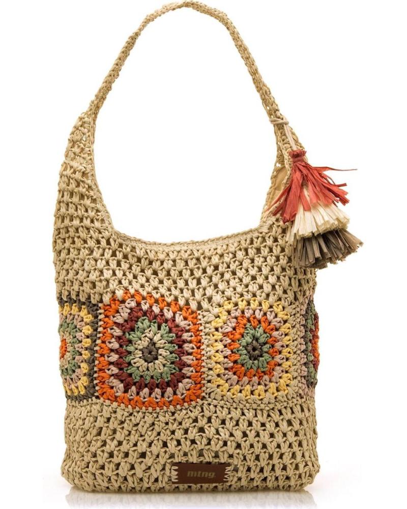 MTNG COSTA BEIGE HOBO TASCHE AUS HÄKELSTOFF MIT FARBIGEN APPLIKATIONEN UND QUASTE BEIGE