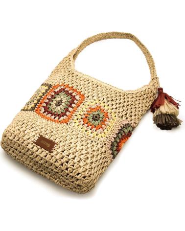 MTNG COSTA BEIGE HOBO TASCHE AUS HÄKELSTOFF MIT FARBIGEN APPLIKATIONEN UND QUASTE BEIGE