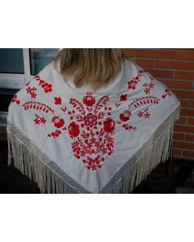 FLAMENCO PGBL42 - SCIALLE RICAMATO FLOREALE BIANCO ROSSO