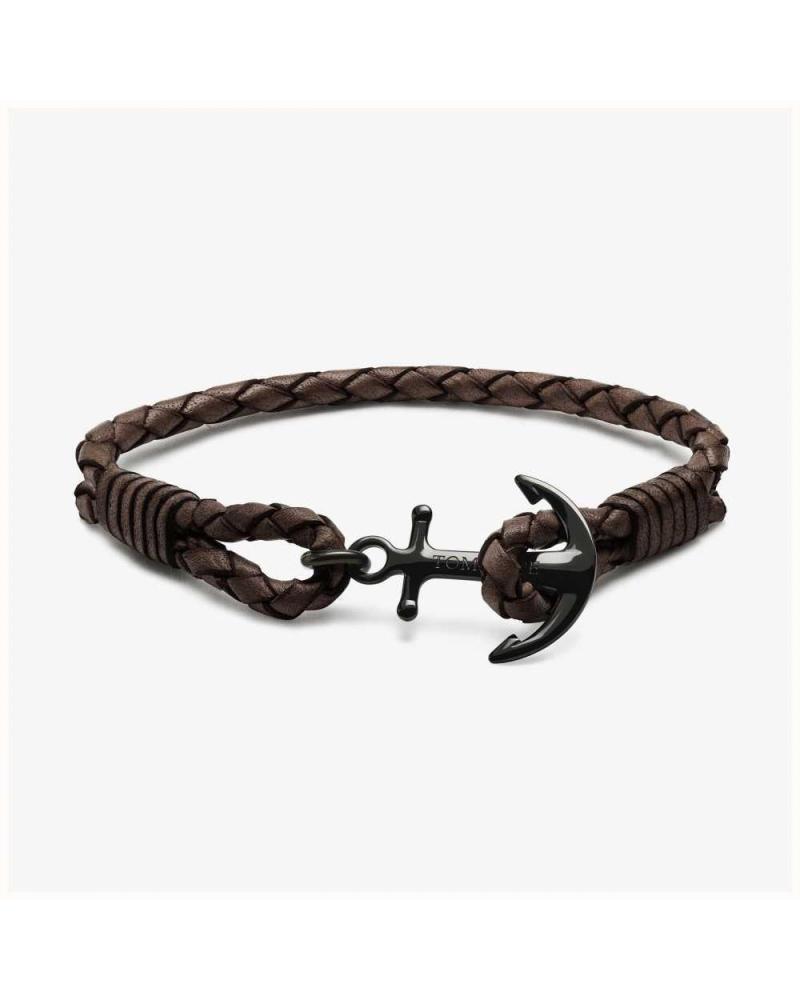 BRACELET TOM HOPE TM0241 EN CUIR TRESSÉ MARRON FONCÉ AVEC ANCRE NOIRE