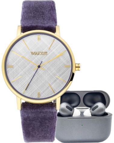 SET WATXANDCO ARMBANDUHR RELOJ1038 MIT LILA ARMBAND UND GRAUEN KABELLOSEN KOPFHÖRERN GRIS