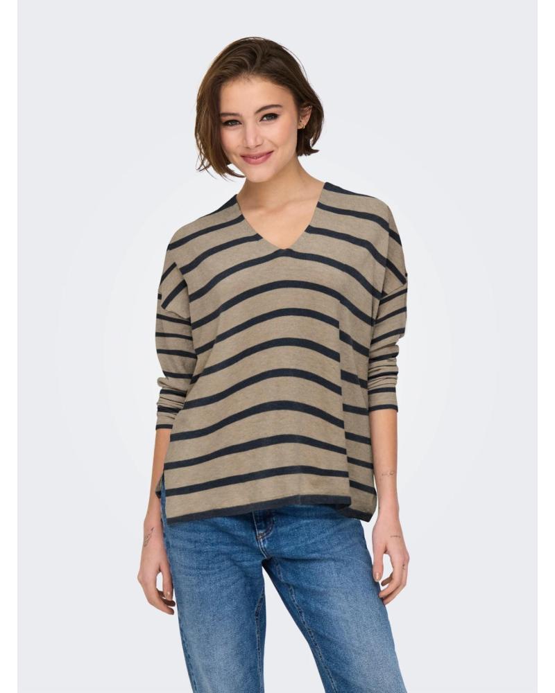 MAGLIONE ONLY SCOLLO A V RIGHE 15340735 BEIGE BEIGE