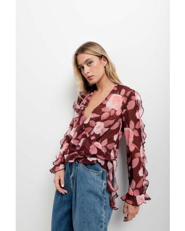 PUNTOSALAO BLUSA CON VOLANTES ESTAMPADO FLORAL CRUZADA NUDO PARA MUJER TURQUESA