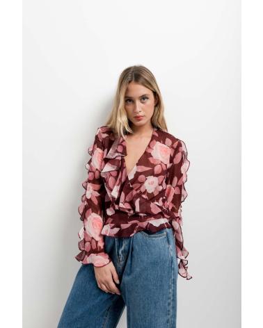 PUNTOSALAO BLUSA CON VOLANTES ESTAMPADO FLORAL CRUZADA NUDO PARA MUJER TURQUESA