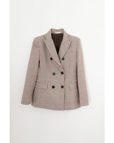 PUNTOSALAO BLAZER CRUZADA CON BOTONES DISENO CUADROS MAGA LARGA PARA MU MARRóN