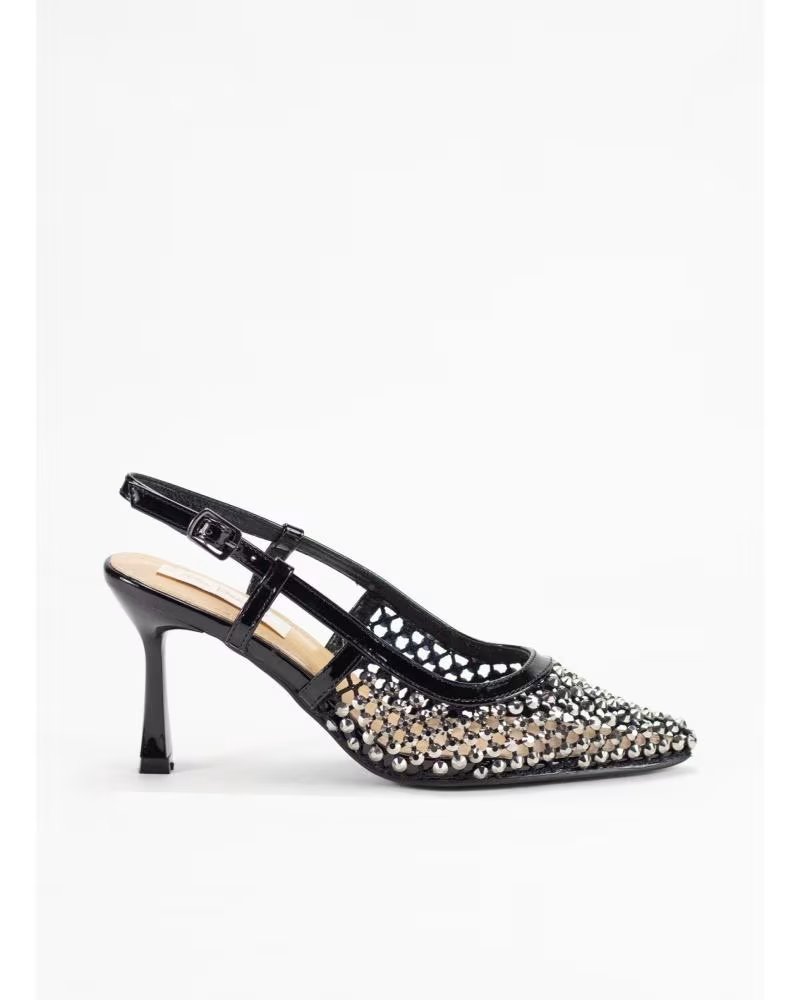 SAPATOS SOCIAIS KESLEM GH2501 FEMININO SALTO PRETO COM DETALHES BRILHANTES NEGRO