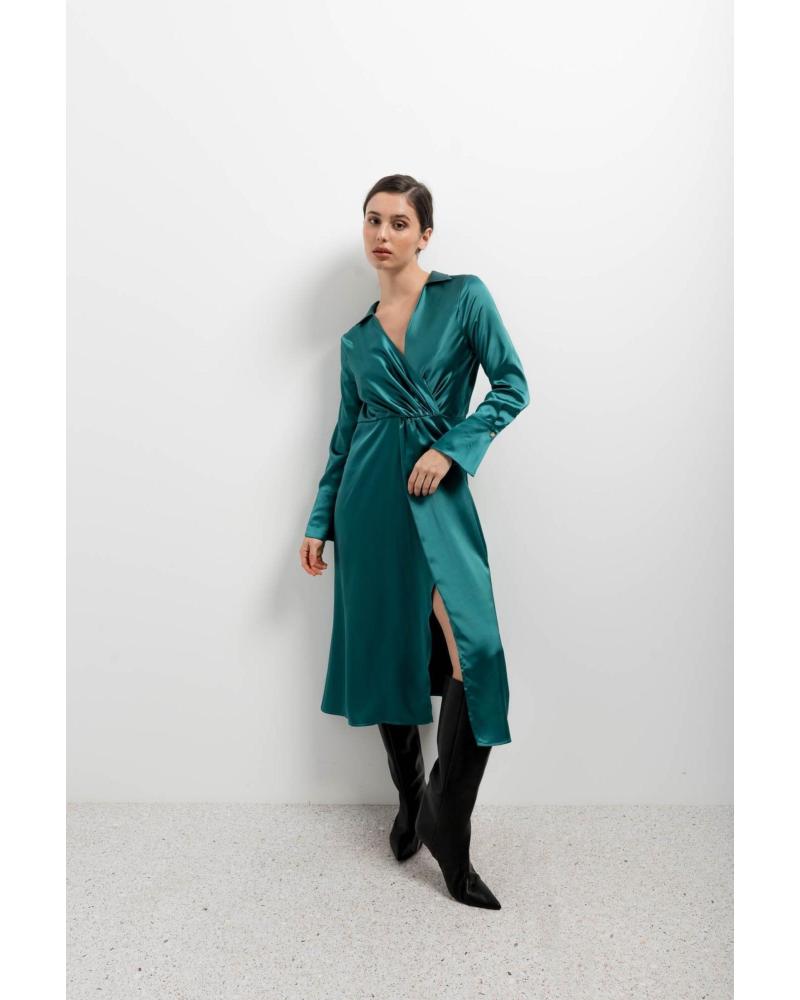 VESTIDO MIDI CRUZADO SATINADO PUNTOSALAO MUJER VERDE
