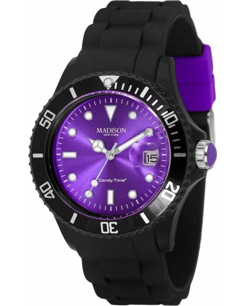 MADISON MADISON BLACK WATCH WITH PURPLE DIAL AND SILICONE STRAP NEGRO
