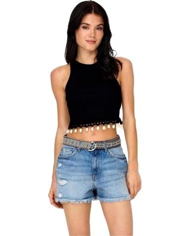 ONLY TOP SIN MANGAS ESTILO CROP CON DETALLE DE FLECOS NEGRO