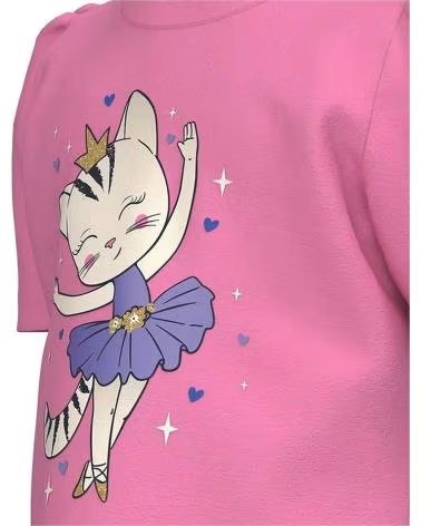 NAME IT CAMISETA UNISSEX DE MANGA CURTA PARA MENINAS COM ESTAMPA DE GATO BAILARINA ROSA