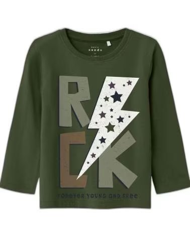 NAME IT CAMISETA DE MANGA LARGA NAME IT CON ESTAMPADO DE RAYO Y "ROCK" PARA NIÑO VERDE