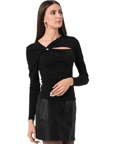 ONLY BLUSA DE MANGA LARGA NEGRA CON ESCOTE ASIMÉTRICO Y DETALLE DE ANILLA NEGRO
